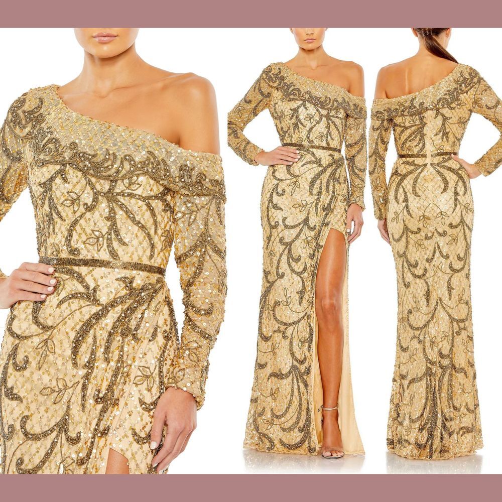 NWT $998 Mac Duggal [ 10 ] Embellished One Shoulder Long Sleeve Gown Gold #G1937